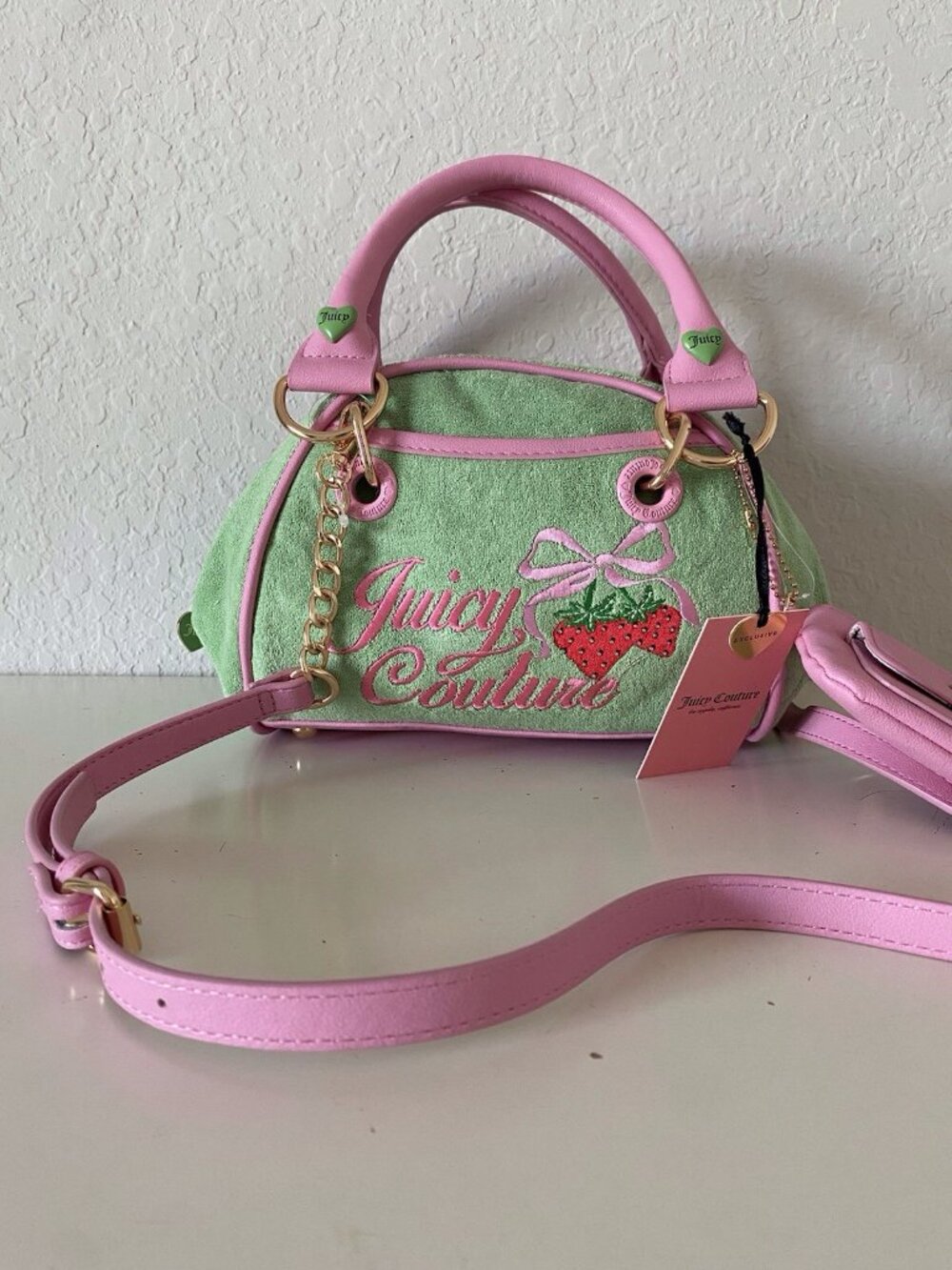 Juicy Couture Retro Strawberry Retro Green Bowler Satchel Bag W/Coin Purse NEW